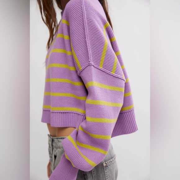 Free People Stripe Easy Street Cropped Pullover Lavender & Lime Sweater Size M 💜 - Picture 3 of 9